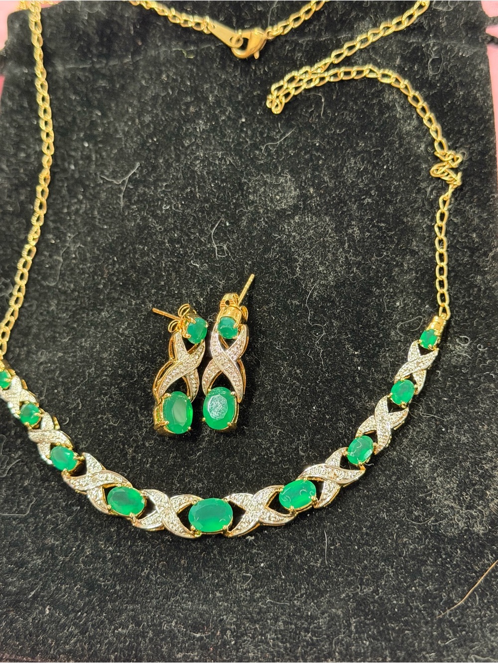 Gold-Tone Emerald Green Stone Necklace and Earrings Set